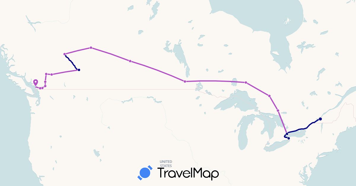 TravelMap itinerary: driving, train in Canada (North America)